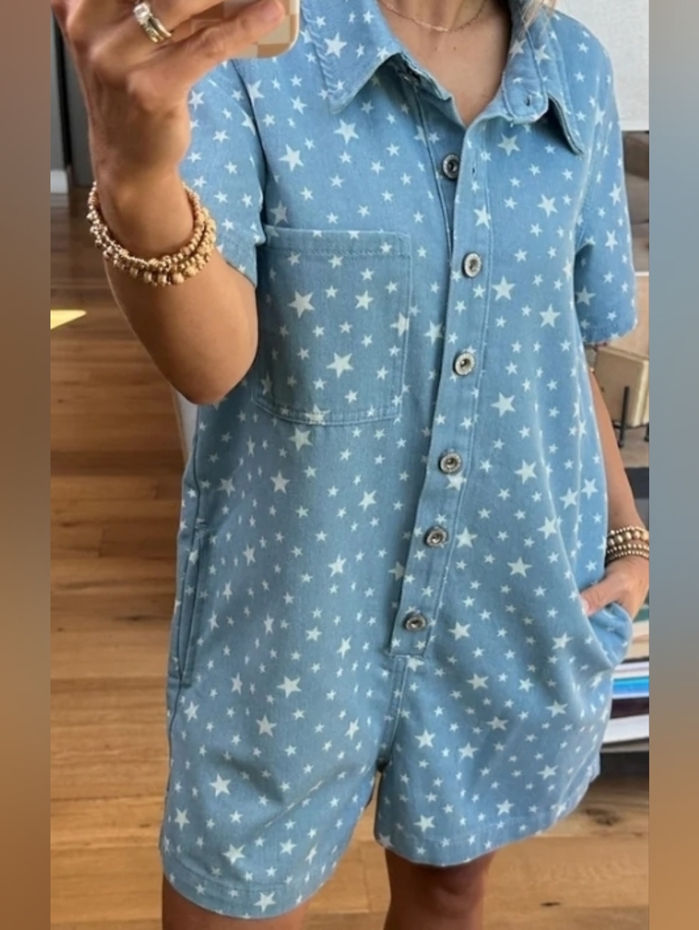 Feeling Free Star Button-Down Romper - Denim